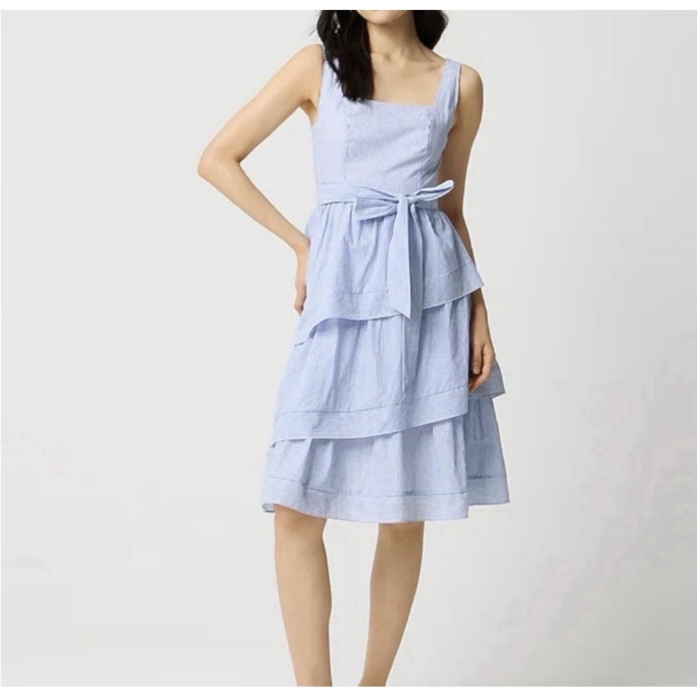 J. Crew Blue/White Striped Tiered Ruffle Midi Dress Size 6 Cotton Coastal Beach